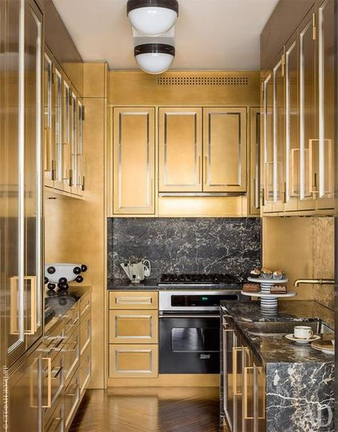 Golden Kitchen Cabinets and Backsplash Ideas Giving Glamorous Look to Modern Interiors Kitchen Cabinets And Backsplash Ideas, Golden Kitchen, Kitchen Cabinets And Backsplash, Blue Kitchen Tiles, Latest Kitchen Trends, Metal Kitchen Cabinets, Bronze Kitchen, Interesting Interiors, Kitchen Countertop Materials