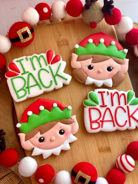 Elf On The Shelf Biscuits, Elf On The Shelf Royal Icing Cookies, Elf On The Shelf Mini Cookies, Elf Christmas Cookies Decorated, Elf On Shelf Cookies Decorated, Elf Cookies On The Shelf, Elf Cookie Ideas, Elf On Shelf Cookies, Elf On The Shelf Sugar Cookies