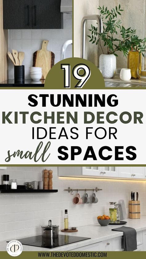 OMG, if you've got a small kitchen design, you'll appreciate these 19 ABSOLUTELY stunning kitchen decor ideas for small spaces! These will help you beautify your home without overcrowding the countertops, the cabinets or the island! With these decorations for small kitchen, you can have a beautiful design and all the space + storage you need! Kitchen Without Island, Apartment Kitchen Decorating, Small Apartment Kitchen Storage Ideas, Small Kitchen Ideas On A Budget, Small Apartment Storage, Small House Organization, Small Apartment Kitchen, Kitchen Decorating Ideas, Space Saving Kitchen