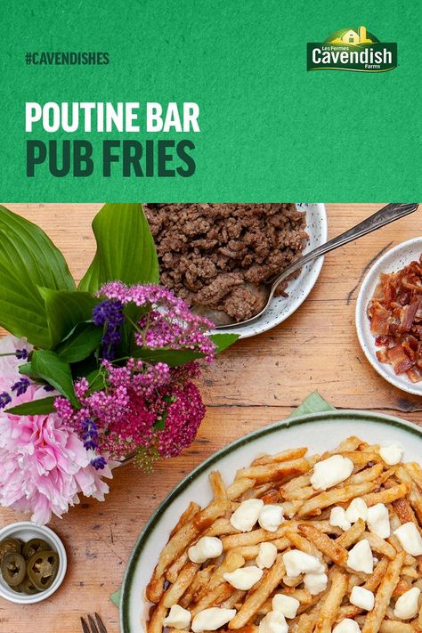 Get creative at your next get-together and impress your friends with a poutine bar! Simply preheat your oven and cook Cavendish Farms Restaurant Style Pub Fries according to package. Once fries are done, select your desired poutine toppings (the more the merrier) and enjoy! #PoutineBar #Poutine #Cavendishes #CavendishFarms Poutine Bar Toppings, Pub Fries, Poutine Bar, Farm Restaurant, Loaded Fries, The More The Merrier, Cheese Curds, String Cheese, Chicken Gravy