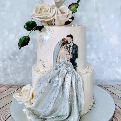 Paintet wedding couple. #gumpasteflowers #swissmeringue #ediblecolours #paintedcake #handpaintedweddingcake #paintedwedding #cake #cakedecorating #cakeart #cakedecor #cakesdecor Wedding Entrees, Happy Wedding Anniversary Wishes, Wedding Anniversary Cakes, Wedding Dress Sketches, Elegant Birthday Cakes, Wedding Anniversary Wishes, Wedding Dress Cake, Amazing Wedding Cakes, Engagement Cakes