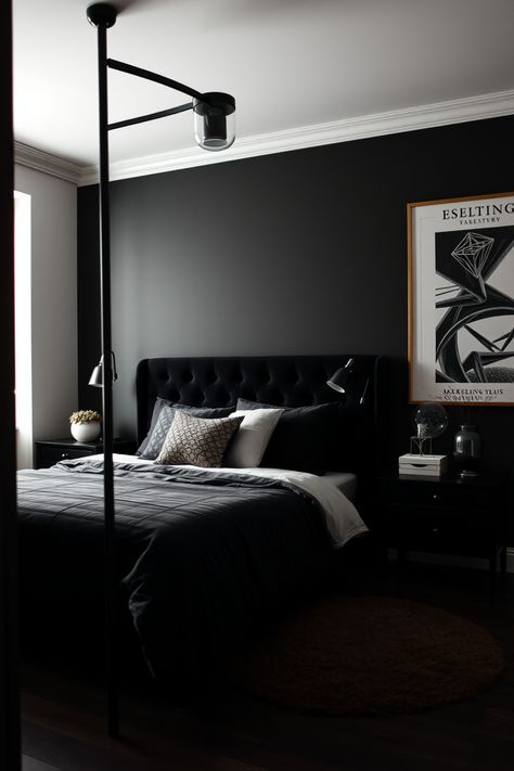 Transform your space with these 15 amazing black bedroom ideas! Black bedrooms are stylish and can create a cozy, inviting atmosphere. From nature-inspired themes to luxurious touches, explore unique designs that will inspire you to make your bedroom a sanctuary. Find inspiration from bold black walls, elegant accents, and thoughtful decor. Perfect for modern trends, our ideas cater to all styles Grey Room Ideas Bedroom, Black Bedroom Aesthetic, Modern Black Bedroom, Moody Bedroom Decor, Black Bedroom Sets, Dark Gray Bedroom, Dark And Moody Bedroom, Men's Bedroom, Dark Grey Rooms