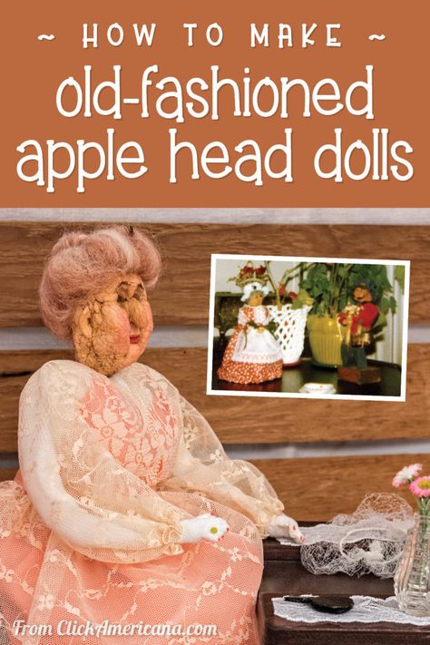 How to make old-fashioned apple head dolls: Get vintage shrunken apple DIY craft directions, details & photos- #appleheaddolls #apples #applehead #appleheads #appledolls #shrunkenapples #vintagecrafts #vintageart #folkart #earlyamerican #crafts #oldfashioned #americana #clickamericana Apple Dolls Dried, Apple Head Dolls How To Make, Shrunken Apple Head Dolls, Applehead Dolls, Apple Head Dolls, Halloween Envelope, Nature Crafting, Envelope Craft, Altered Dolls