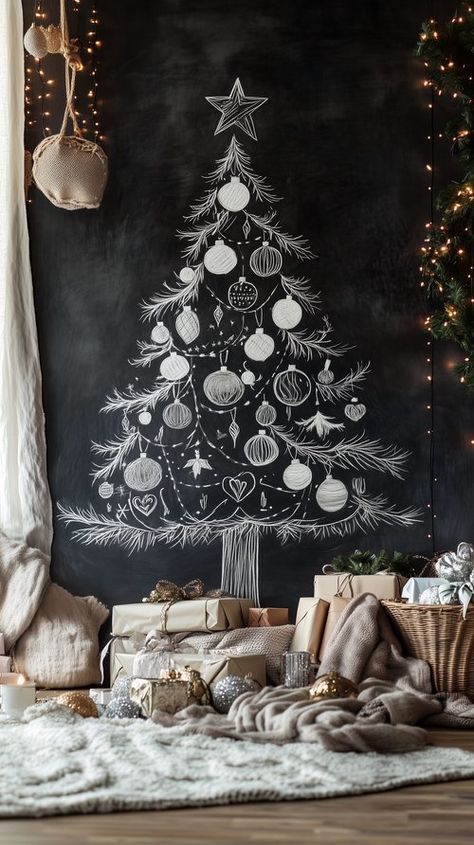 Gen Z’s Guide to Creative Christmas Trees: 15 Unique Ideas for 2024 — Living Bright Interiors Christmas Tree Chalkboard, Christmas Tree Alternatives, Wire Fairy Lights, Wall Christmas Tree, Chalk Wall, Christmas Chalkboard, Christmas Window Decorations, Led Tree, Alternative Christmas Tree