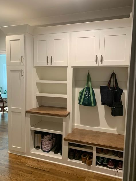 Bench In Mudroom Ideas, Mudroom Bench With Tall Cabinet, L Shaped Mudroom Bench With Storage, Mudroom Lockers With Drop Zone, Mudroom In Basement, Mud Room With Cabinet, Front Entryway Mudroom Ideas, Mudroom Cabinets With Shoe Storage, Drop Zone With Countertop