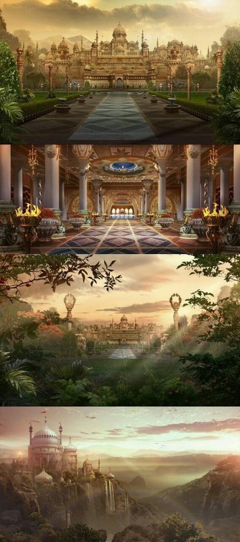 Hindu City Fantasy Art, Modern Fantasy Kingdom, Golden Palace Fantasy Art, Arabian Palace Fantasy Art, Fantasy Mosque, Pretty Landscapes Aesthetic, Classical Architecture Drawing, Fantasy Palace Aesthetic, Palace Concept Art