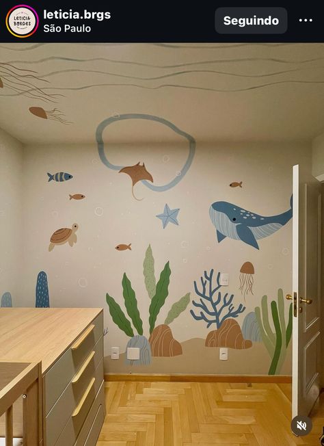 Under The Sea Nursery, Ocean Mural, Fishing Nursery, Baby Spa, Sea Nursery, Montessori Room, Room Wall Painting, Nursery Office, Kids Interior Room