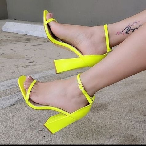 Womens Ankle Strap Chunky Block Heel Dress Sandals Neon Yellow Color Neon Yellow Shoes, Rockstud Flats, Clear Sandals, Yellow Shoes, Chunky Block Heels, Pumps Flat, Dress Sandals, Dress And Heels, Neon Yellow