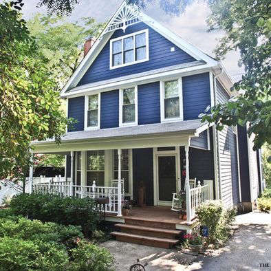 3rd floor windows, porch and colors ---ElVations Blue Victorian House, Victorian Home Exterior, Victorian Home Design, Folk Victorian House, Folk Victorian Farmhouse, Brick Victorian, Traditional Exterior Homes, Blue Siding, Decking Ideas