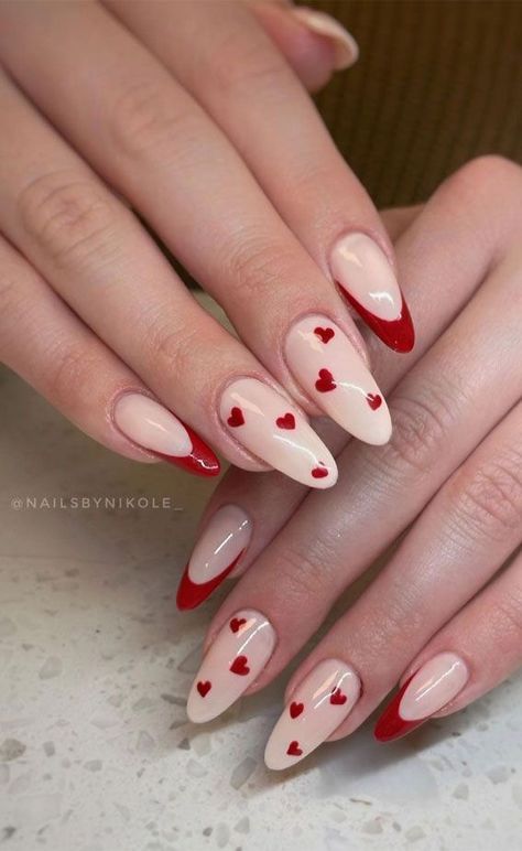 Ideas For Gel Nails, Romantic Dinner At Home, Nails With Red, Oval Acrylic Nails, Glitter French Nails, Nails Valentine, Red Tips, Sheer Nails, Love Month