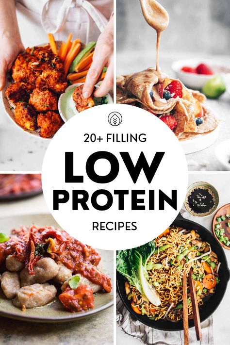 If you need to watch your protein intake, try these flavorful low-protein recipes! You’ll love these picks from breakfast to dinner and dessert. Including pizza rolls, salads, wings, fries, pasta, muffins, tarts and more! No Protein Meals, Low Protein Keto Recipes, Low Protein Foods Kidney, Low Protein Breakfast Ideas, Pku Diet Recipes, Low Carb Low Protein Recipes, Low Potassium Protein, Ckd Diet Recipes Breakfast, Low Vitamin K Recipes