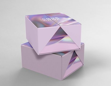 Metallic Packaging Design, Metallic Packaging, Hologram Packaging, Purple Package Design, Purple Packaging Design, Box Design Ideas, Holographic Branding Design, Holographic Box Packaging, Black And Holographic Packaging