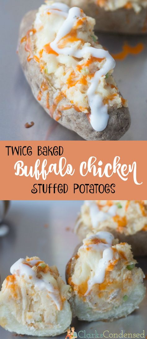 These twice baked buffalo chicken stuffed potatoes are to DIE for! They are tangy, filling, and so easy to make.  #ad #MomsWingMan Buffalo Chicken With Potatoes, Buffalo Chicken Stuffed Potatoes, Bbq Chicken Stuffed Baked Potatoes, Buffalo Chicken Loaded Potato, Chicken Stuffed Potatoes, Buffalo Chicken Potato, Sour Cream Ranch Dressing, Buffalo Chicken Bites, Stuffed Potatoes