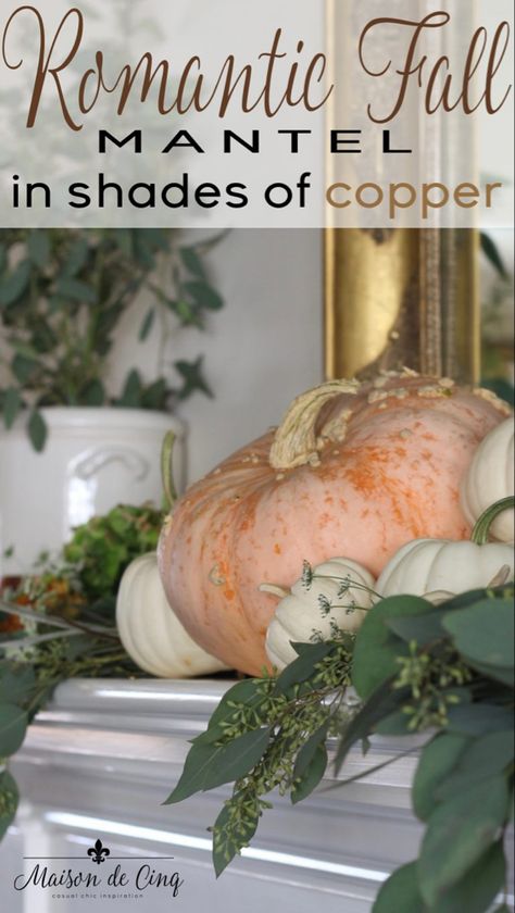 Romantic Fall Mantel in Shades of Copper Thanksgiving Tables, Fall Eats, Christian Halloween, Fall Mantle Decor, Coastal Fall, Fall Fireplace, Fall Mantle, Fall Decor Inspiration, Autumn Ideas