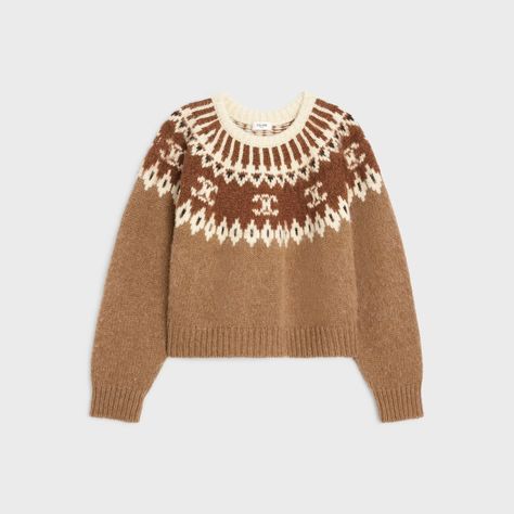 (CELINE) Crew Neck Sweater in Triomphe Fair Isle Wool - US $1.300,00 Motif Fair Isle, Handbags Leather, Fair Isle Knitting, Vestidos Vintage, Fair Isle Sweater, New Fragrances, Leather Goods, Fair Isle, Crew Neck Sweater