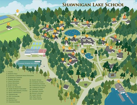 Shawnigan Lake School - Daisy C. re-imagines the campus map Shawnigan Lake School, Boarding School Campus Map, Campus Map Design, Boarding School Campus, Groton School, Map Signage, Maps Illustration Design, Shawnigan Lake, Boarding School Aesthetic