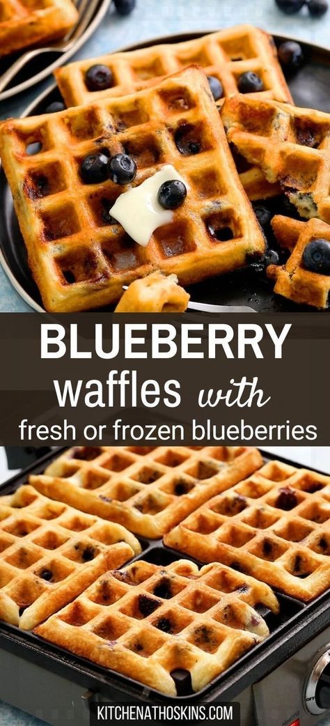 Learn how to make the best blueberry waffles recipe that is made with buttermilk and can be made ahead and frozen to be reheated later for kids. This homemade waffle is made from scratch without milk and can be made with fresh or frozen blueberries. Get the easy blueberry buttermilk waffle recipe at kitchenathoskins.com. Waffles Without Milk, Buttermilk Waffle Recipe, Waffles From Scratch, Blueberry Waffles Recipe, Blender Waffles, Buttermilk Waffle, Buttermilk Waffles Recipe, Fresh Blueberry Recipes, Best Waffle Recipe