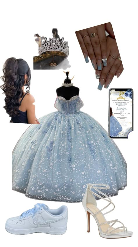 Light Blue Quinceanera Ideas, Sweet 16 Cinderella Theme, Blue Quinceanera Theme, Quinceanera Blue, Light Blue Quinceanera Dresses, Baby Blue Quinceanera, Light Blue Quince, Cinderella Quinceanera Themes, Cinderella Sweet 16