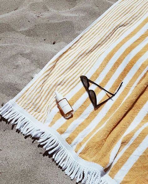 yellow striped fringe beach towel Sand Photography, Striped Beach Towel, Sea Sand, Beach Sunglasses, Foto Ideas Instagram, Summer Inspiration, Yellow Aesthetic, Summer Feeling, Mellow Yellow