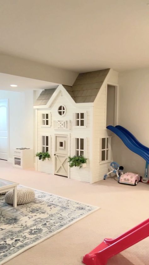 Under Stairs Playhouse With Slide, Playhouse In Living Room, Playhouse Built In Wall, Staircase Playhouse, Indoor Playhouse With Slide, Inside Kids Playhouse, Inside Playhouse Ideas, Closet Playhouse, Playhouse Under The Stairs