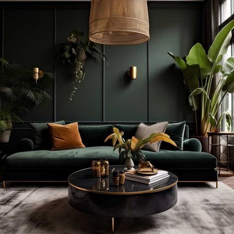 3 Dark Green Sofa Living Room Concepts for a Lush Space • 333+ Images • [ArtFacade] Moody Living Room Green Couch, Dark Green Small Living Room, Dark Green Decor Living Room, Dark Green Living Room Aesthetic, Dark Green Family Room Ideas, Dark Retro Living Room, Black Green And Gold Interior Design, Dark Green And Wood Living Room, Deep Green Couch