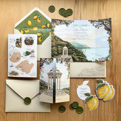 Folded wedding stationery suite ✨ Beautiful @son_marroig in #mallorca was featured for this suite 💌. Venue illustrations, illustrated map and little lemon details cards to fit the theme were a part of the paper party 🍋. Printed envelopes and custom wax seals. The map can also serve as a timeline for the order of events if different venues and days are part of the celebrations 💛. This was such a fun colourful brief to work on ✍🏼 . Looks like the sunshine is back here today the weather is ... Wedding Watercolor Painting, Destination Wedding Ireland, Wedding Illustration Card, Digital Wedding Invitations Design, Illustrated Invitations, Map Wedding Invitation, Order Of Events, Bespoke Wedding Stationery, Wedding Stationery Suite