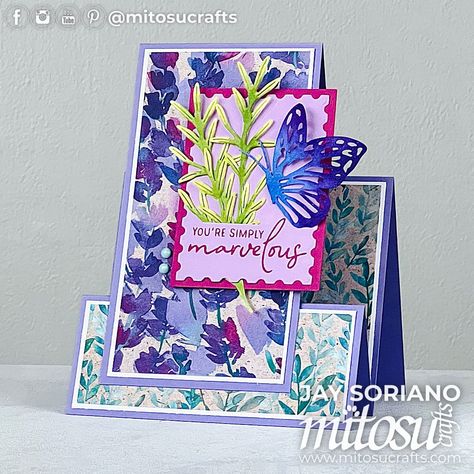 Marvelous Perennial Lavender Faux Stepper Card Idea #GDP432 - Mitosu Crafts How To Make Greetings, Stepper Cards, Heartfelt Creations Cards, Global Design Project, Paper Craft Tutorials, Make Your Own Card, Step Cards, Cardmaking And Papercraft, Creative Challenge