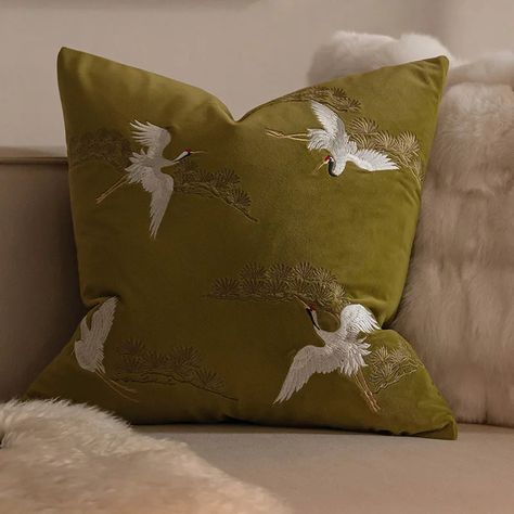 44232751087779|44232751218851 Patterned Pillows, Turkish Decor, Chinese Embroidered, Crane Design, Chinese Aesthetic, Embroidered Throw Pillows, Stylish Scarves, Design Pillow, Plain Style