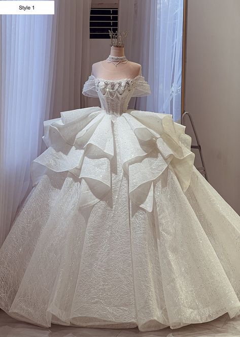 By purchasing, you agree to have read and understood the terms set out in our store policies and FAQs. If you're not happy with the terms, please do not proceed. Beautiful custom made wedding gown/dress!  Feel like a princess with this white ball gown wedding dress:  - Illusion off the shoulder (with mesh) - Beaded bodice - Queen style sleeves - Lace-up back - Shimmering glitter tulle  - Tiered skirt You can also wear a petticoat underneath for extra oomph!  The dress will need 2-4 weeks to be m White Ball Gown Wedding Dress, Wedding Dress With Glitter, White Ball Gown Wedding Dresses, White Ball Gown, Big Wedding Dresses, Wedding Gown Dress, White Ball Gowns, Queen Style, Fairy Tale Wedding Dress