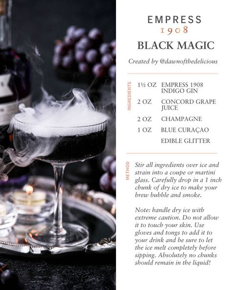 @dawnofthedelicious has concocted this alluring, yet forbidden brew that’ll simply leave you enchanted! With its smoky appearance and effervescence of champagne, the Black Magic cocktail is bound to steal the show at your spooky gathering! ✨ The Necromancer Cocktail, Practical Magic Drink, Practical Magic Cocktail, Black Magic Cocktail, Black Cocktail Recipes, Witchy Cocktail Recipe, Edgar Allen Poe Cocktails, Necromancer Cocktail, Maleficent Cocktail