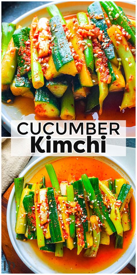 This Cucumber Kimchi recipe is made with crunchy cucumber smothered in tasty garlic, pepper, and ginger sauce that is so easy to make. Cucumber Kimchi Recipe, Fermented Vegetables Recipes, Cucumber Kimchi, Kimchi Recipe, Fermentation Recipes, Ginger Sauce, Cucumber Recipes, Pickling Recipes, Asian Cooking