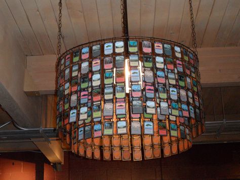 For all my nerd friends out there :) These are magic the gathering old basic land cards made into a chandelier. This was found in CardKingdom.com's store in Seattle Playing Card Crafts, Pokemon Room, Wanna Call, Nerd Room, Nerd Cave, Magic: The Gathering, Geeky Craft, Pokemon Diy, Gathering Room