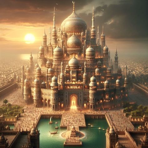 Arabic City Concept Art, Arabian City Fantasy Art, Fantasy Arabian City, Arabian Palace Fantasy Art, Arabian Palace Exterior, Arab Palace Fantasy Art, Arabian Palace, Fantasy Rooms, Psychadelic Art