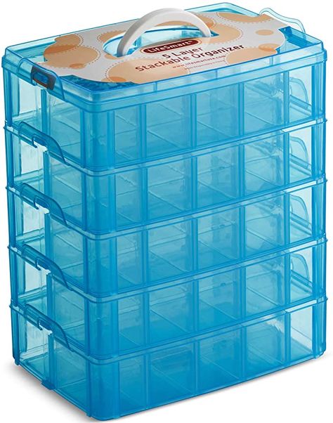 Amazon.com: LifeSmart USA Stackable Storage Container Blue 50 Adjustable Compartments Compatible with Lego Dimensions Shopkins Littlest Pet Shop Arts and Crafts and More (Standard 5 Tier): Home Improvement Ornament Storage Box, Craft Storage Organization, Lego Dimensions, Ornament Drawing, Diy Bijoux, Ornament Storage, Lego Storage, Wood Animal, Small Case