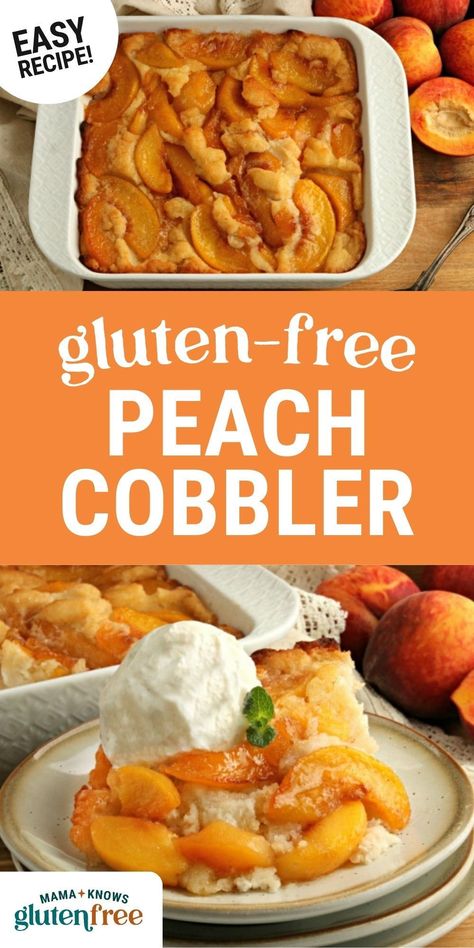 Enjoy a sweet summer treat with this gluten-free peach cobbler! Sweet peaches in cinnamon sauce with a buttery cake topping. Dairy-free and vegan options available. Perfect gluten free dessert for summer gatherings. Pop over to our site for some recipe inspiration! Gluten And Dairy Free Peach Cobbler, Gf Peach Cobbler Recipe, Easy Gluten Free Peach Cobbler, Gluten Free Peach Cobbler Dump Cake, Low Carb Peach Cobbler Easy, Gluten Free Peach Dump Cake, Vegan Gluten Free Peach Cobbler, Gluten Free Dairy Free Peach Recipes, Gluten Free Pear Cobbler