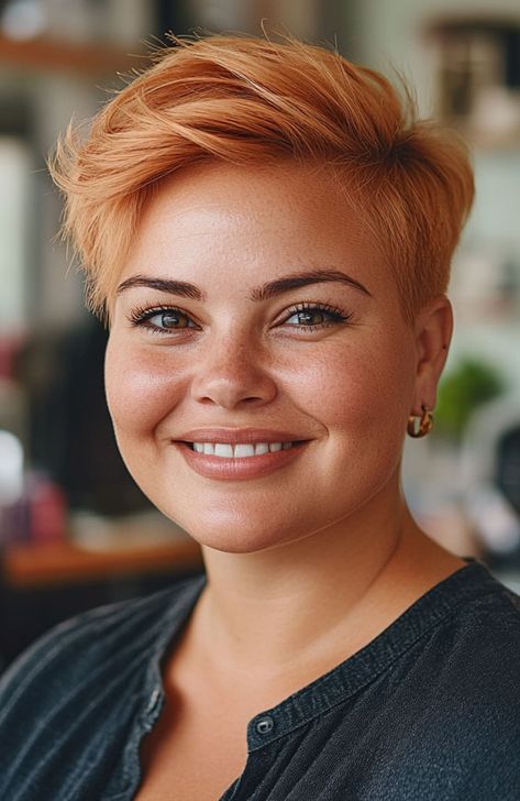 Pixie Hairstyles Red Hair, Pixie Cut On Chubby Face, Round Face Haircuts Short Double Chin, Pixie Cut Round Face Plus Size, Short Red Hair Pixie, Short Haircut For Chubby Face Plus Size, Short Hairstyle Round Face, Short Hair Fat Face, Pixie Cut For Round Face Plus Size