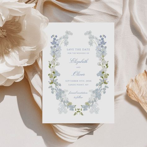 Wedding Save the Dates romantic soft blue vintage floral wedding save the date classic elegant wedding calligraphy traditional wedding invite fine art wedding monogram crest romantic european wedding blue vintage floral botanical watercolor floral frame regency french wedding Blue And White Save The Date, Romantic Save The Dates, Blue Flower Frame, Shein Wedding, Blue Floral Invitation, Save The Date Watercolor, Wedding December, Blue Save The Date, French Blue Wedding