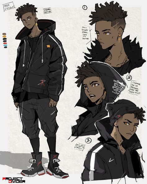 Male Character Design Cyberpunk, Black Hair Styles Drawing Male, Drip Anime Characters, Cyberpunk Oc Male Black, Black Characters Design Male, Anime Character Design References Guys, Cyberpunk Cityscape Art, Black Anime Characters Oc, Masculine Character Design