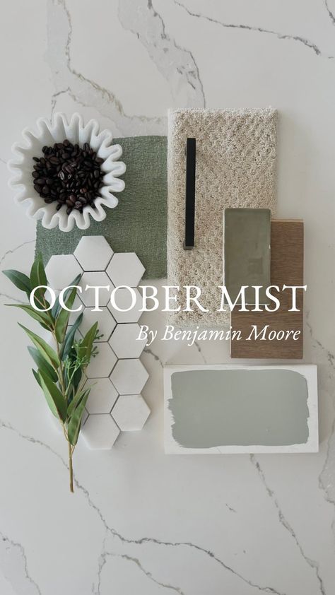 Tara Nelson | October Mist by Benjamin Moore 💚 Move over greige! Green is continues to trend and October Mist by @benjaminmoore is the perfect shade of... | Instagram October Mist Kitchen Walls, Mistletoe Benjamin Moore, October Mist Benjamin Moore Bathroom, Benjamin Moore Iced Marble, October Mist Bathroom, Bm October Mist, October Mist Benjamin Moore, October Mist, Benjamin Moore Bathroom