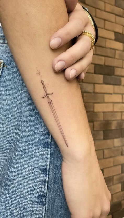 Line Forearm Tattoo, Cool First Tattoos, Unknown Tattoo, Tattoo Celestial, Lotr Tattoo, Bookish Tattoos, Dagger Tattoo, Discreet Tattoos, Book Tattoo