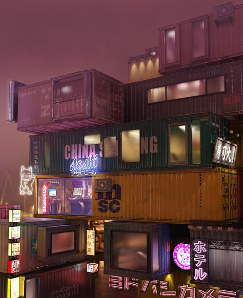 Night container city, Anthony Deslande on ArtStation at https://www.artstation.com/artwork/ZGR1kx Container Aesthetic, Cyberpunk Night City, Container Art, Cargo Container Homes, Cargo Container House, Container Houses, Cargo Container, Minecraft City, Scenery Background