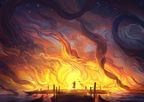 Fire Art, Fantasy Concept Art, Caravaggio, Ethereal Art, Environment Concept Art, Fantasy Landscape, On Fire, Pretty Art, The Ocean