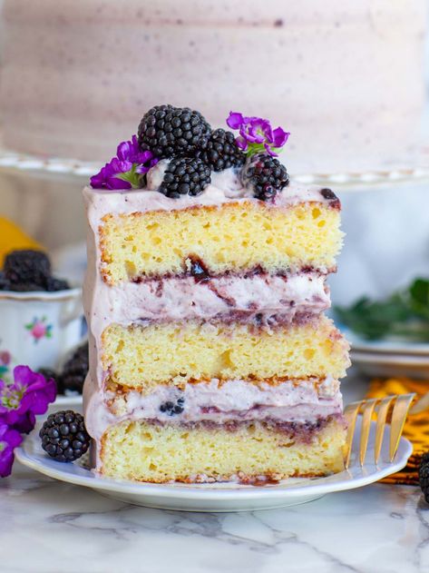 Blackberry Lemon Cake with Blackberry Frosting (video) - Tatyanas Everyday Food Lemon Berry Layer Cake, Blackberries Recipes, Floral Desserts, Blackberry Desserts, Blackberry Frosting, Blackberry Jam Cake, Blackberry Lemon, Homemade Wedding Cake, Blackberry Cake