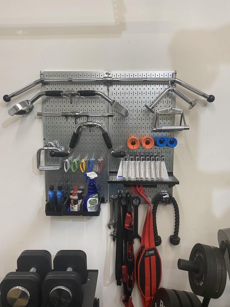 Gym Wall Storage, Half Garage Gym, Attic Gym, Gym Equipment Storage Wall, Cable Attachment Storage, Gym Equipment Storage Loft, Gym Equipment Wall Hangers, Gym Organization Ideas, Gym Attachment Storage