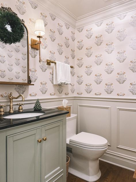 Kelly in the City | A Preppy Chicago Life, Style and Fashion Blog Powder Room Design Ideas, Affordable Wallpaper, Mirror Sconces, Leftover Paint, Powder Room Design, Vanity Faucet, Preppy Christmas, Chenille Throw, Vanity Countertop