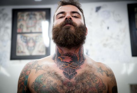 Another Point Of View Eagle Throat Tattoo, Eagle Neck Tattoo, Feather Tattoo For Men, Lilies Tattoo, Tattoos Foot, Traditional Eagle, Traditional Eagle Tattoo, Tattoo Baby, I Love Beards