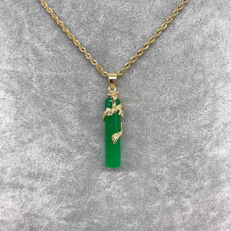 18K Gold Plated Light Green Jade Dragon Pendant Necklace With Gold Plated Rope Chain - Etsy Emerald Necklaces For Men, Jade Pendant Necklace Gold, Jade Necklace Men, Infinite Jewelry, Jewlery Rings, Jade Necklace Pendant, Gold Necklace For Men, Jade Color, Jade Dragon