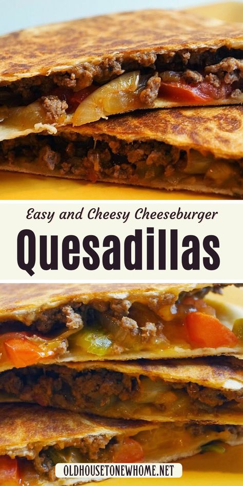 Cheeseburger Quesadillas Quesidia Burger, Hamburger Quesadilla, Cheeseburger Quesadilla Recipe, Cheeseburger Quesadillas, Cheeseburger Quesadilla, Quesadilla Recipes Beef, Mexican Fusion, Cheesy Dinner, Cheese Quesadilla Recipe