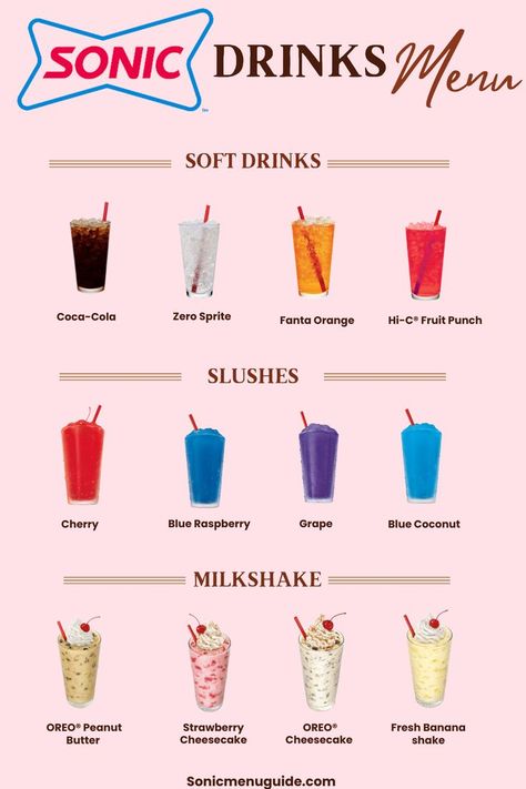 sonic drinks menu Soda Drinks Recipes, Sonic Menu, Sonic Drinks, Coconut Milkshake, Milkshake Flavours, Fun Drink Recipe, Coca Cola Zero, Banana Cheesecake, Soda Drinks