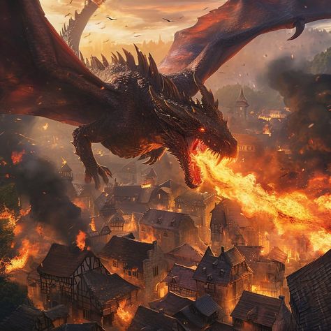 photorealistic, a dragon hovering over a village, flames are streaming from the dragon's mouth --v 6.0 Burning Village, Dragon Breathing Fire, Dragon Flame, Burning City, Breathing Fire, Dragon Fire, Beneath The Sea, Fire Dragon, Ap Art